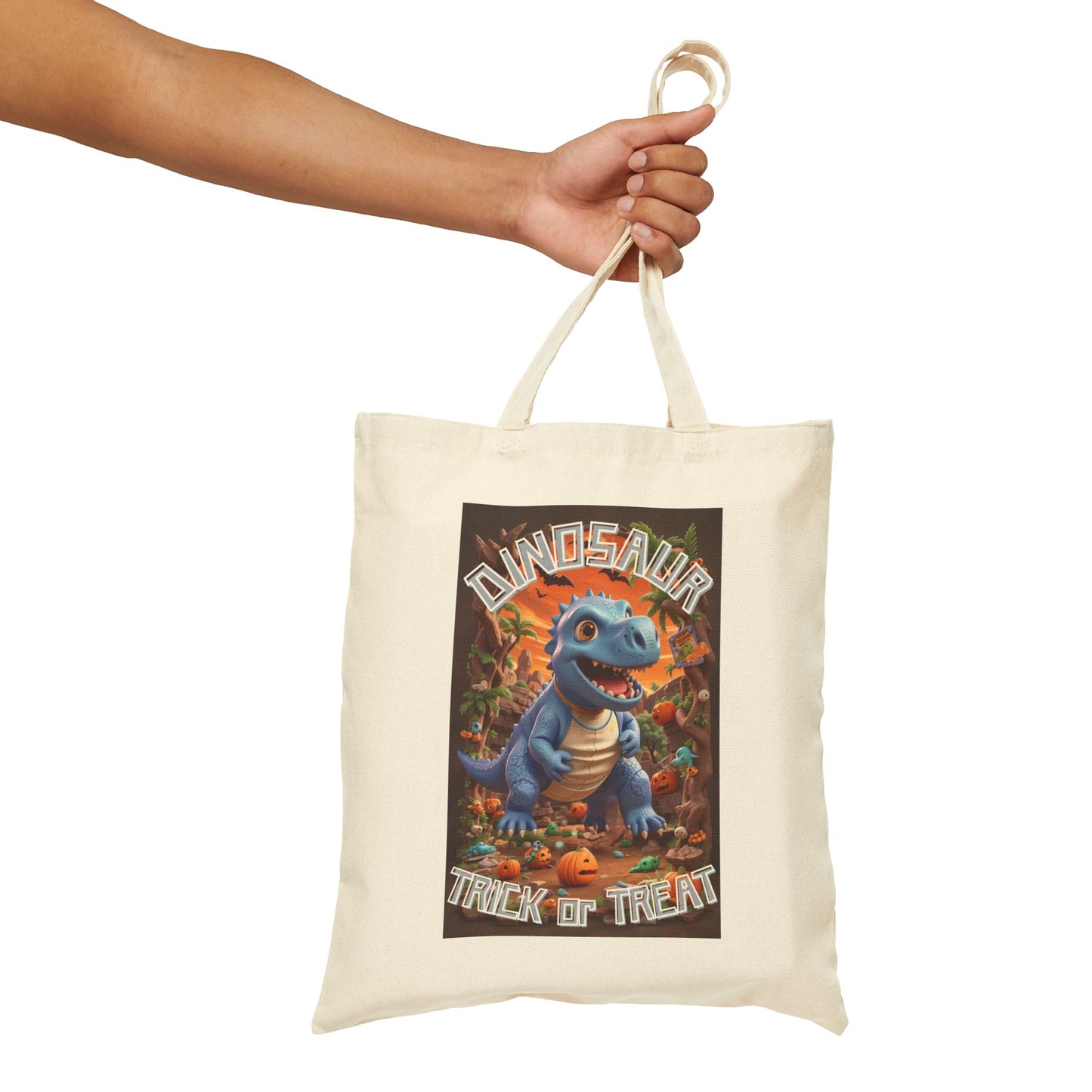 Halloween Trick Or Treat Dinosaur Cotton Canvas Tote Bag