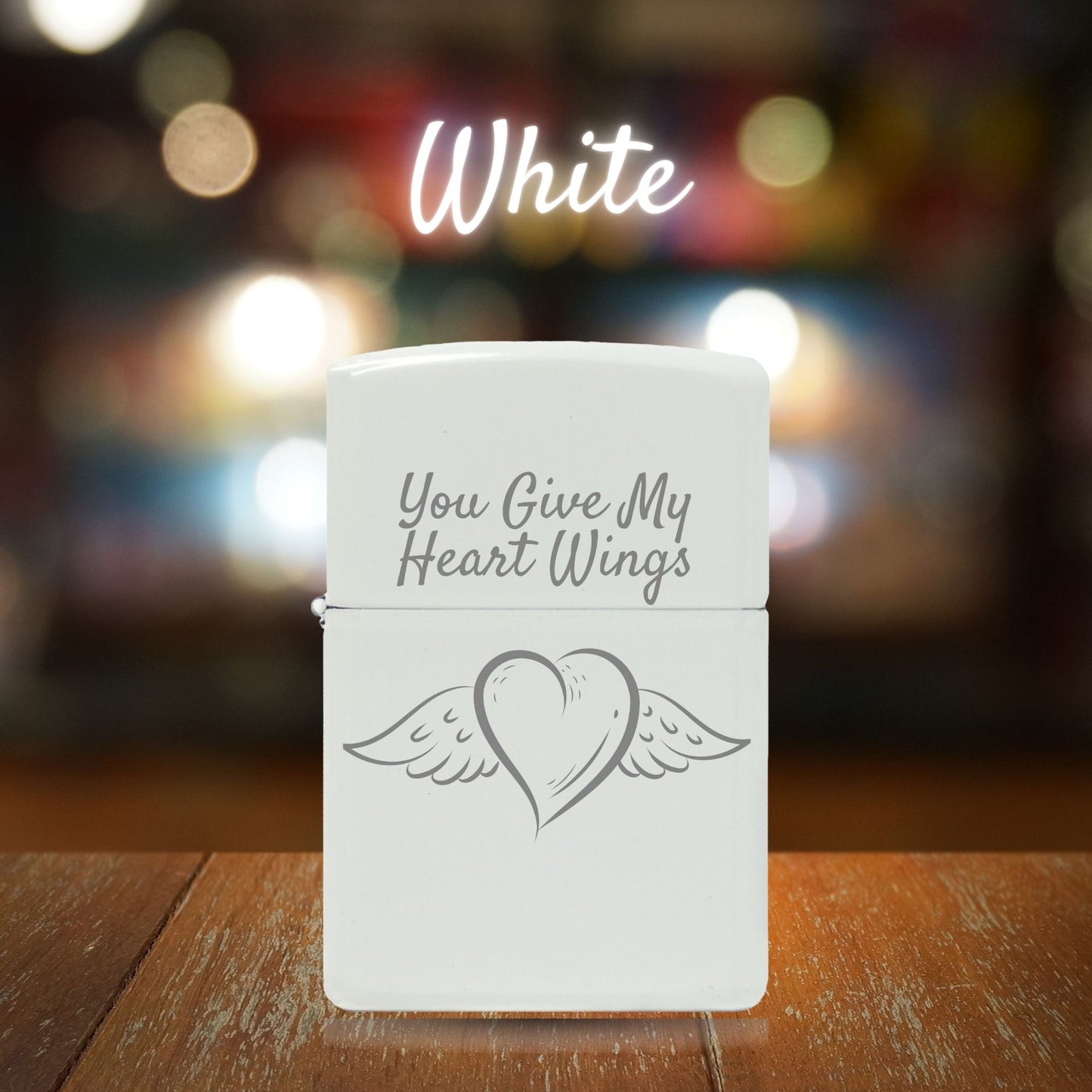 Lighter Lovers. Quality Customized Lighters "You Give My Heart Wings" Design, Available In Black White And Polished Metal