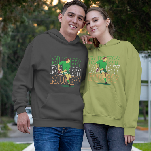 Ireland Rugby Fan's Unisex Hoodie "Rugby Spirit in Green, White, and Gold"