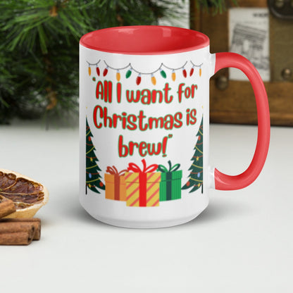 All I Want For Christmas Is Brew Funny Festive Holiday Coffee Or Tea Mug, Funny Xmas Gift, Quirky Office Cup, Secret Santa Kris Kindle Gift