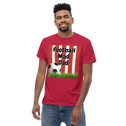 Short-Sleeve T-Shirt, Football Mad Dad, Red Candystripe , Grass and Football Design, Front  Print Only, Father's Day, Gift For Dad.