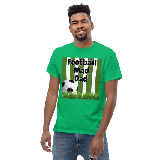 Short-Sleeve T-Shirt, Football Mad Dad, Green Stripe Grass and Football Design, Front  Print Only, Father's Day, Gift For Dad.