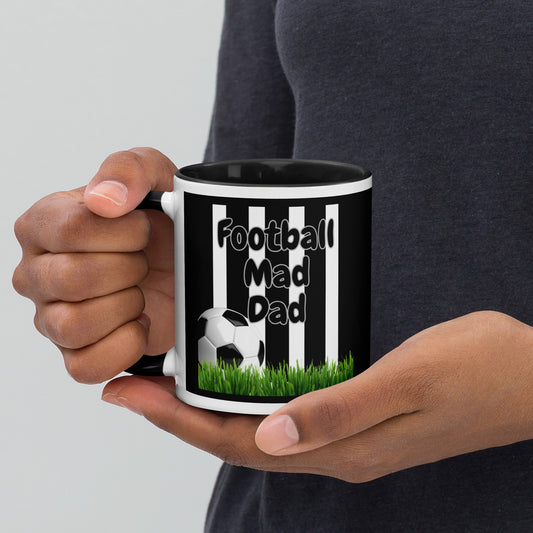 Mug with Black Colour Inside Football Mad Dad B&W Stripe With Grass Design