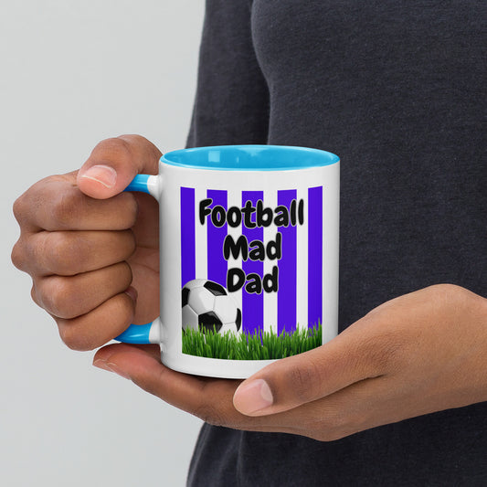 Mug with Light Blue Colour Inside Football Mad Dad Dark Blue Stripe With Grass Design
