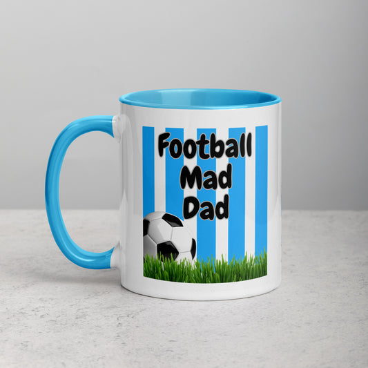 Mug with Blue Colour Inside Football Mad Dad Light Blue Stripe With Grass Design